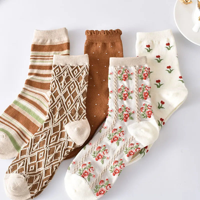 Retro Embroidered Flower Socks - 5 Pair Cozy Gift Set
