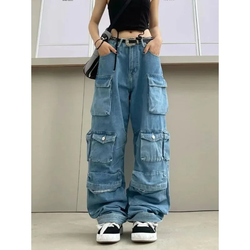 Cargo High-Waist Washed Wide-Leg Jeans - Denim Streetwear
