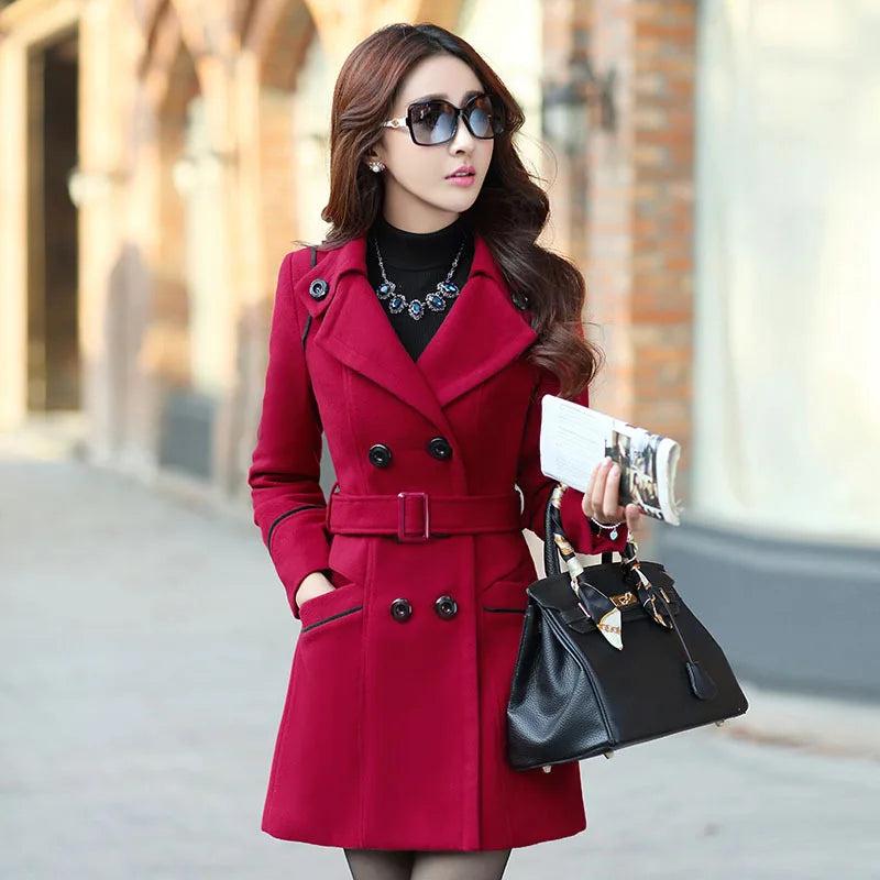 Elegant Belted Wool-Blend Coat - Double-Breasted Longline Style