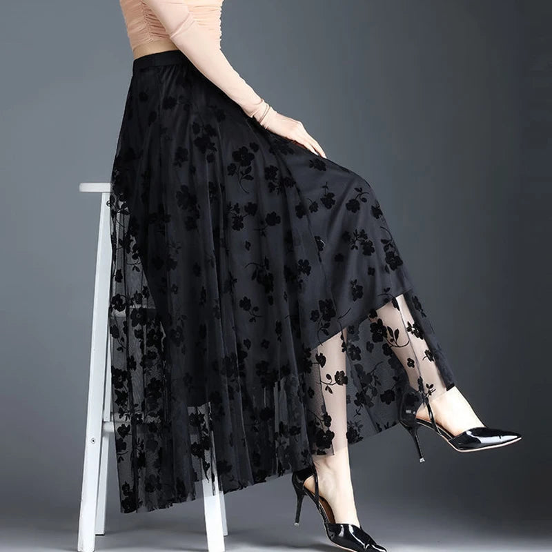 Premium Tulle Floral Midi Skirt - Elegant Mesh A-Line Style