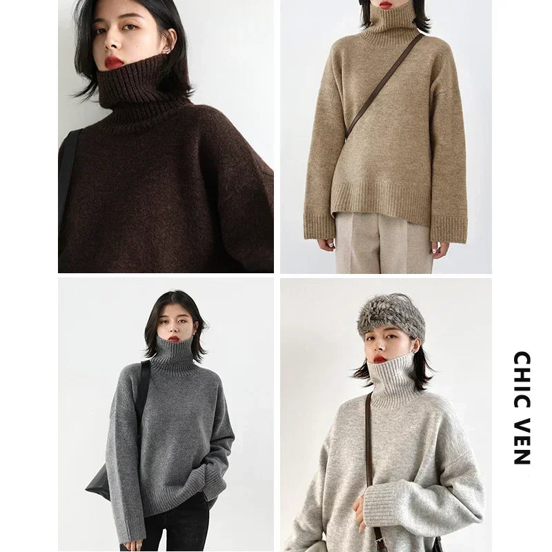 Premium Turtleneck Knit Sweater - Soft Loose-Fit Pullover