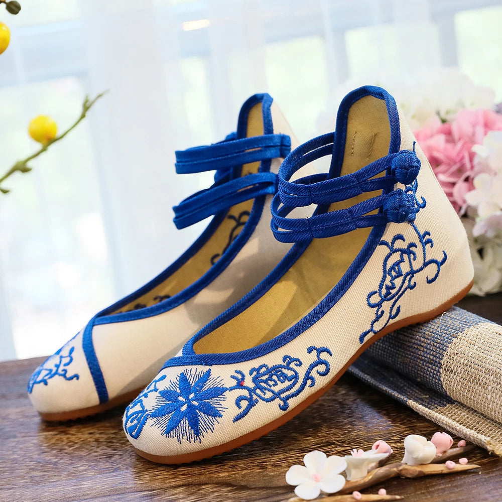Premium Embroidered Ballet Flats - Ankle Strap Canvas Shoes