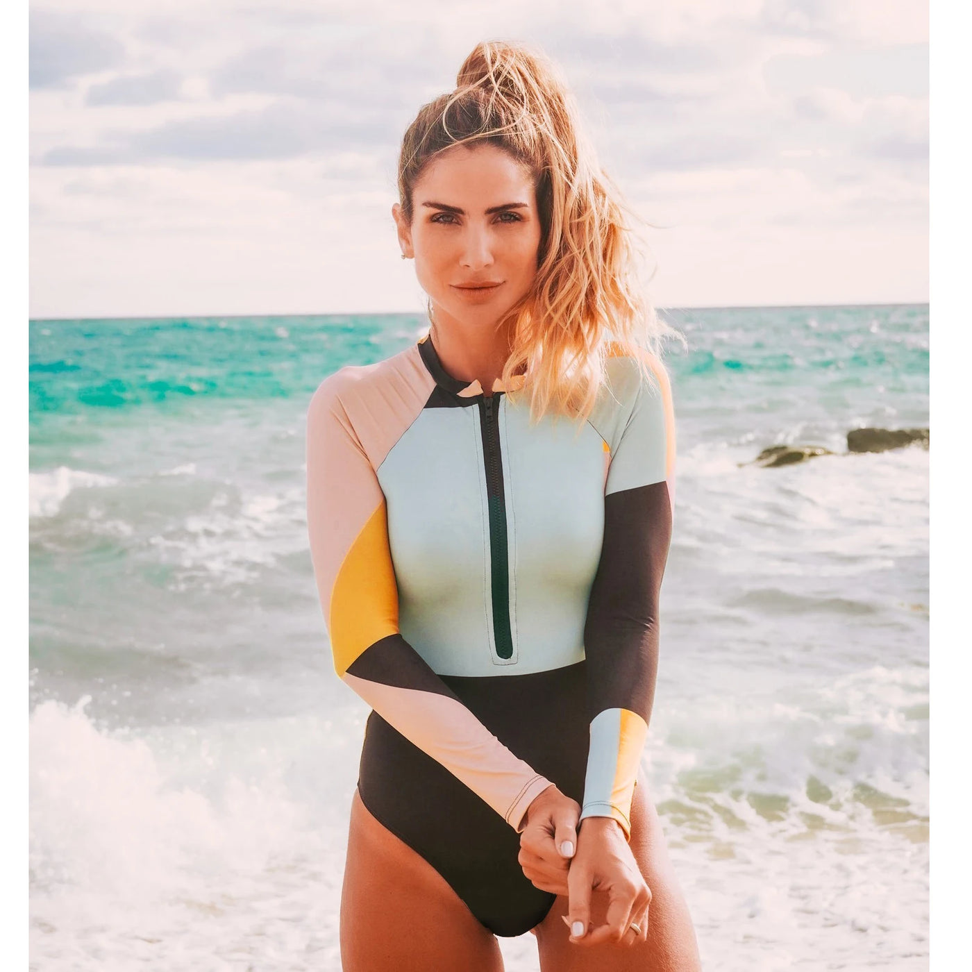 Long Sleeve Surf Swimsuit - Printed Retro One-Piece