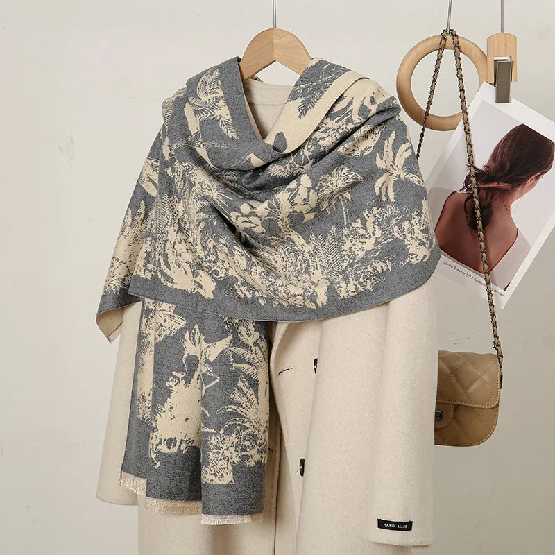 Luxury Floral Cashmere-Feel Winter Scarf - Fringed Shawl Wrap