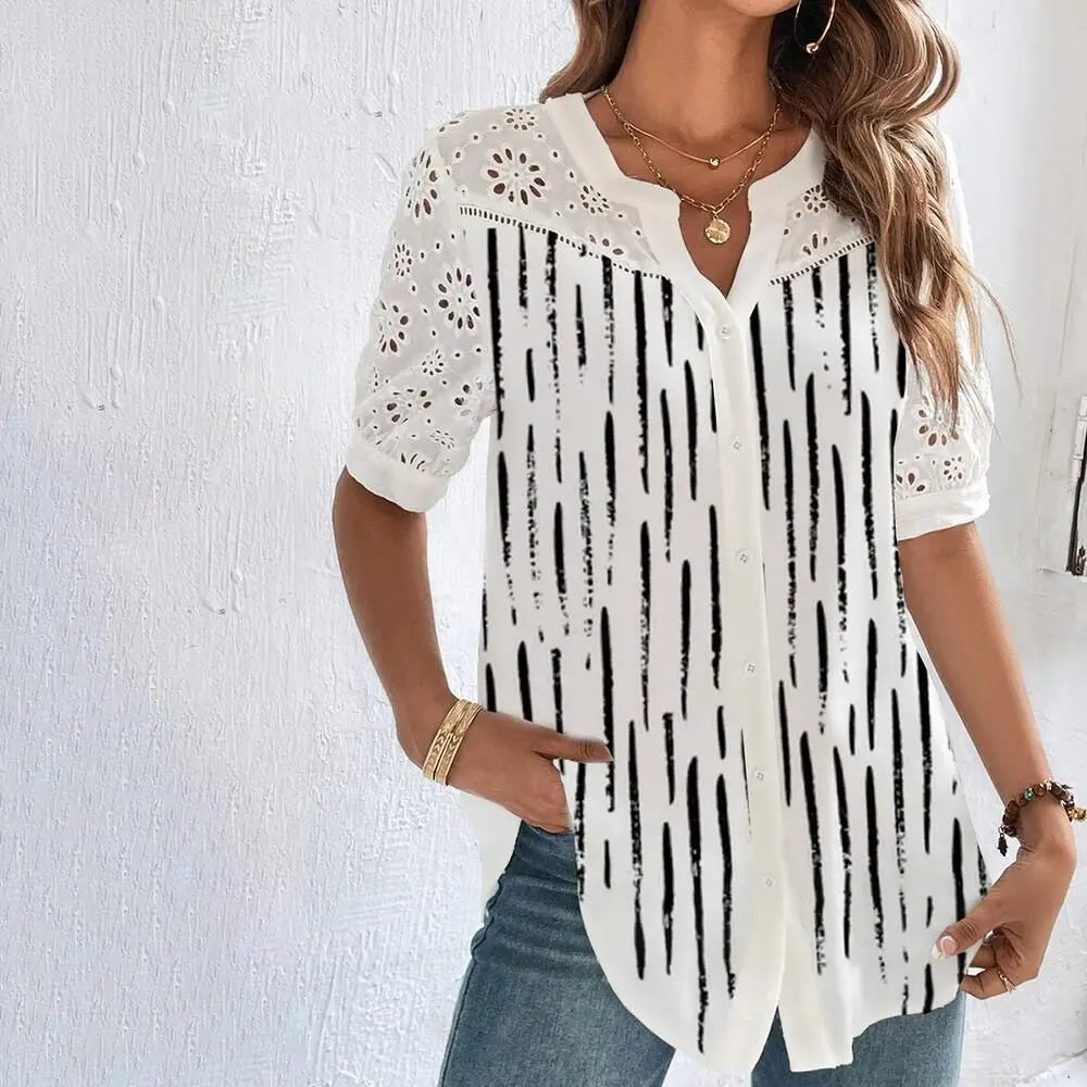 Elegant Lace Short Sleeve Blouse - Loose Fit Holiday Top