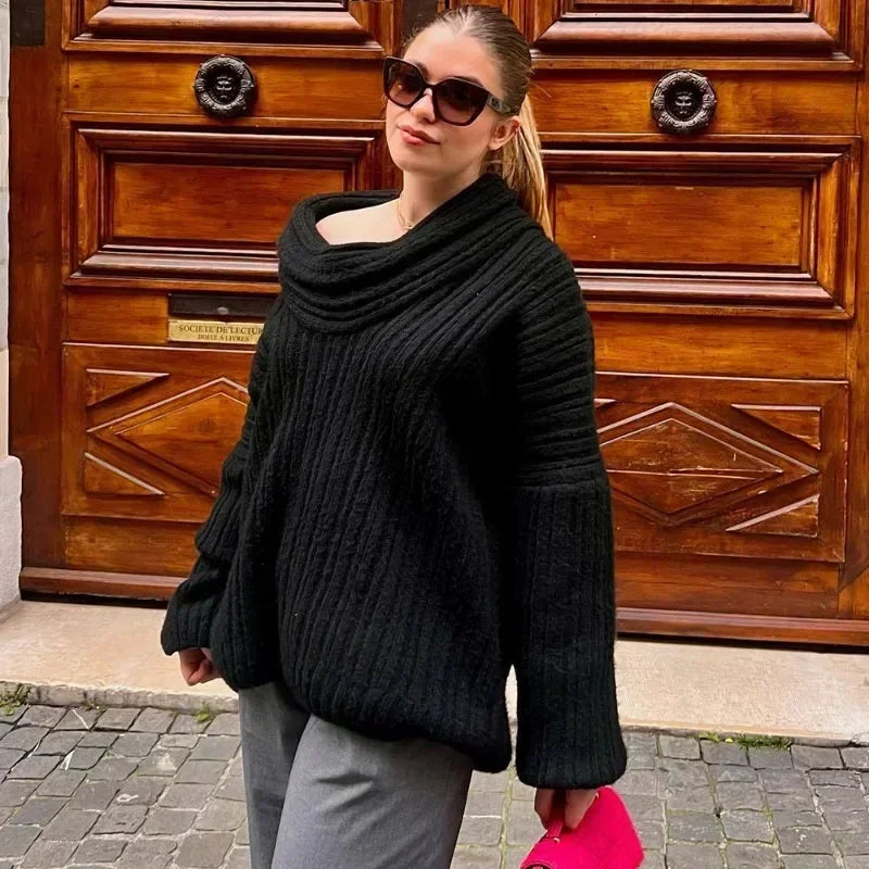 Off-Shoulder Knit Sweater - Relaxed Retro Pullover