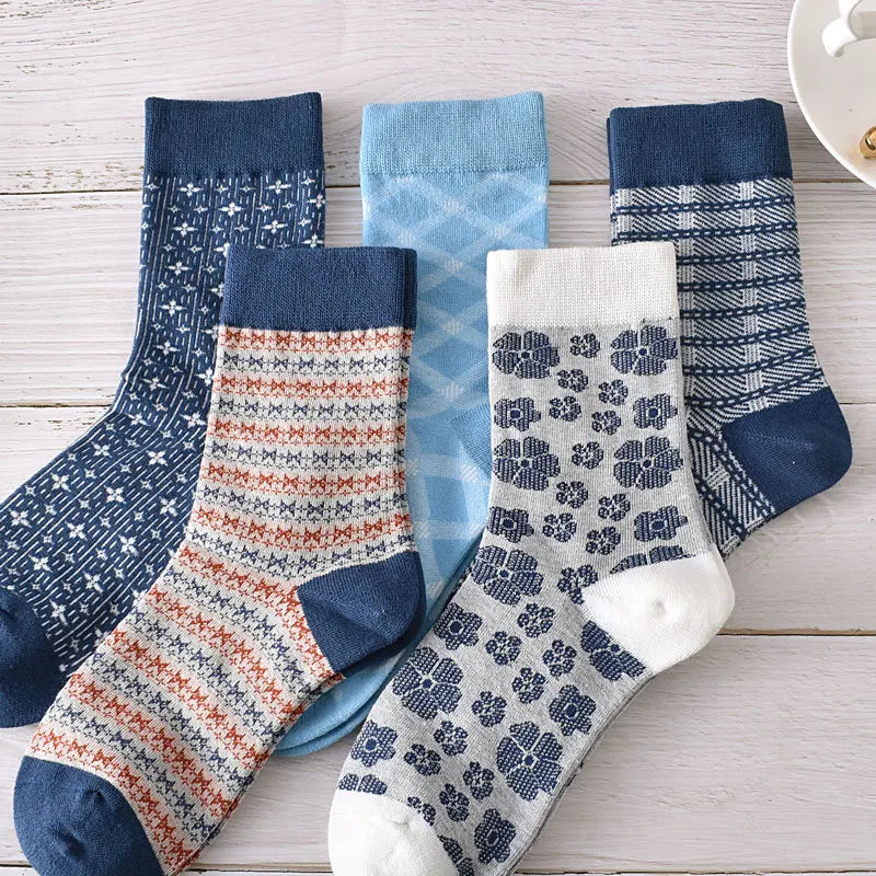 Retro Embroidered Flower Socks - 5 Pair Cozy Gift Set