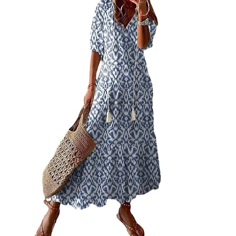 Bohemian Floral Maxi Dress - Relaxed V-Neck Summer Style