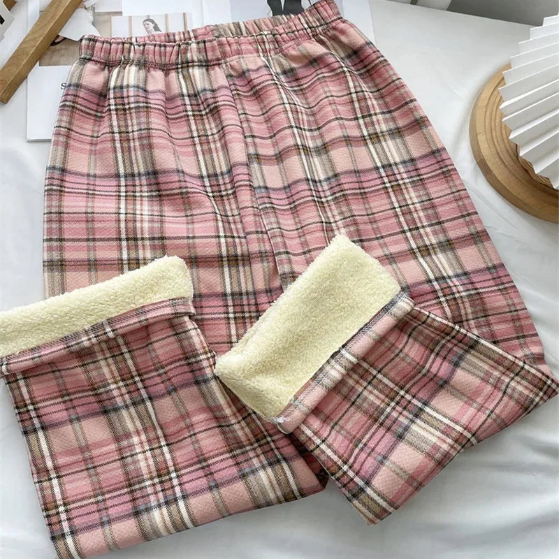 Fleece-Lined Plaid Trousers - High-Waist Straight Leg
