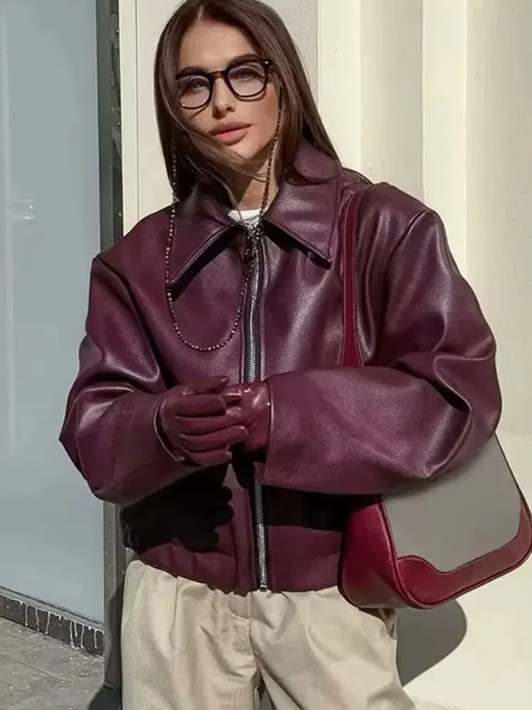 Premium Faux Leather Jacket - Wine Red Zip-Up Outerwear