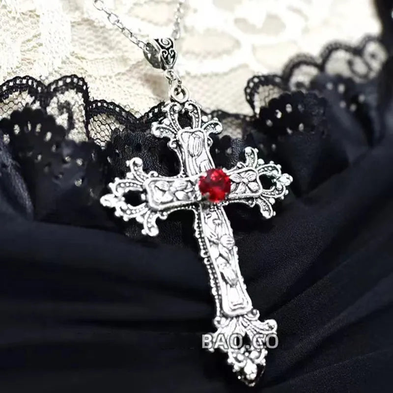 Y2K Crystal Cross Pendant Necklace - Gothic Choker Chain