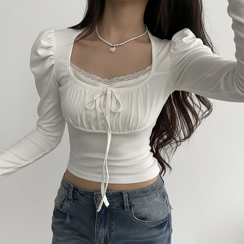 Square Collar Knit Crop Top - Bandage Detail Fairycore Tee