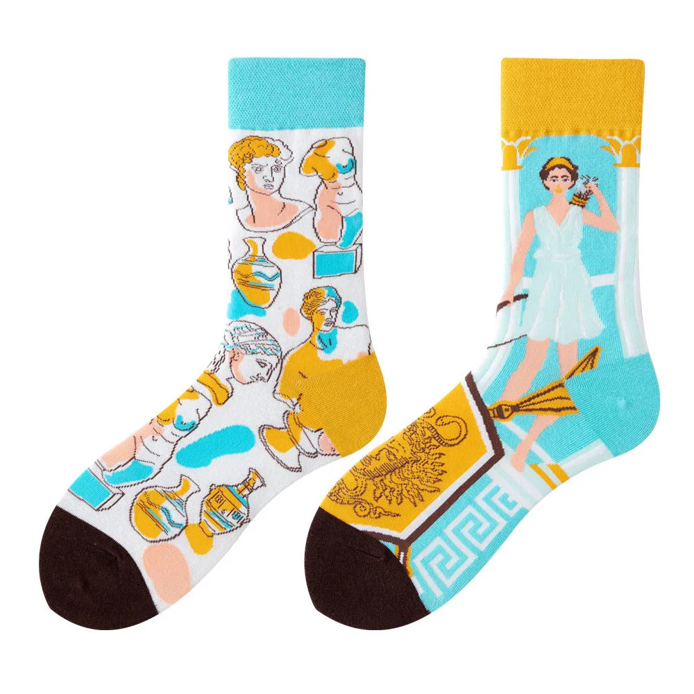 Colorful Print Cotton Socks - Unisex Mid-Tube Casual Pair