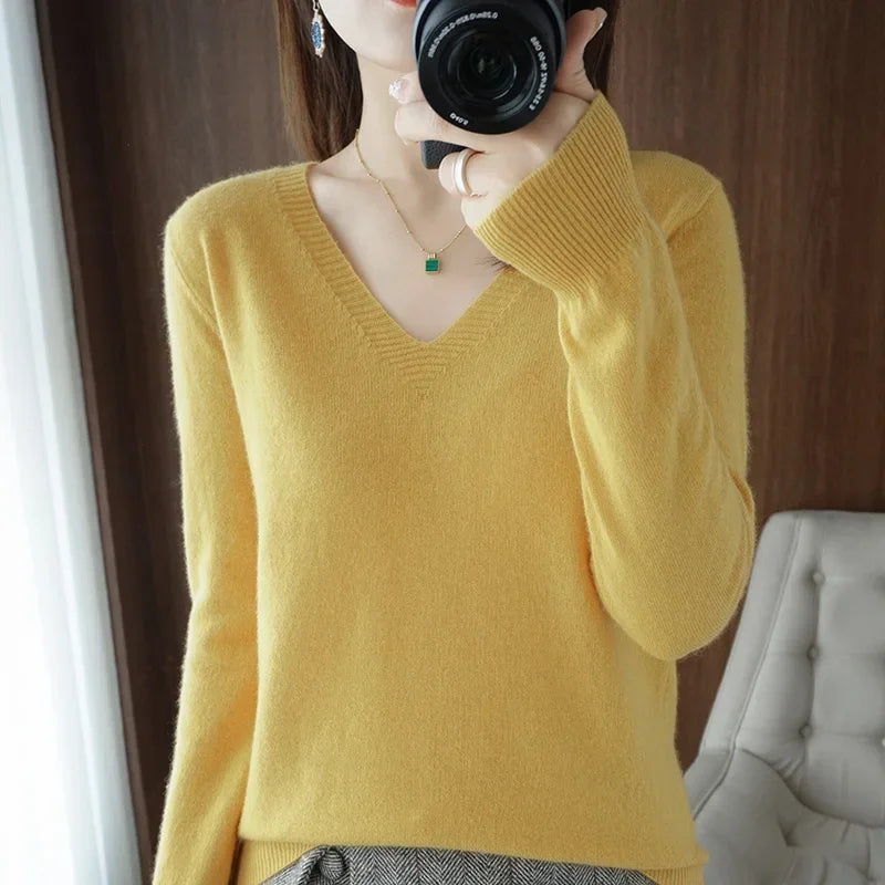 Premium V-Neck Knit Sweater - Soft Solid Color Pullover