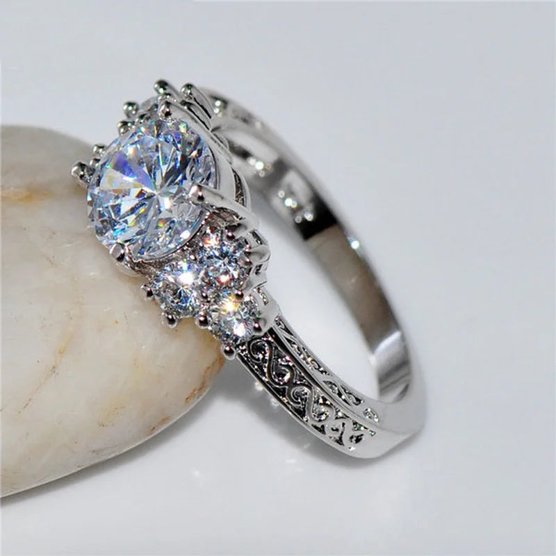 Luxury White Zircon Engagement Ring - Silver-Tone Jewelry