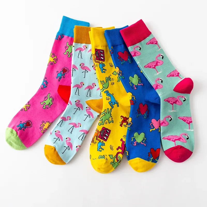 Cartoon Flamingo Cotton Socks - Casual Harajuku Crew Pair