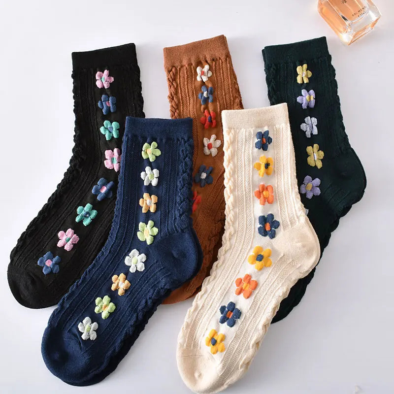 Retro Embroidered Flower Socks - 5 Pair Cozy Gift Set