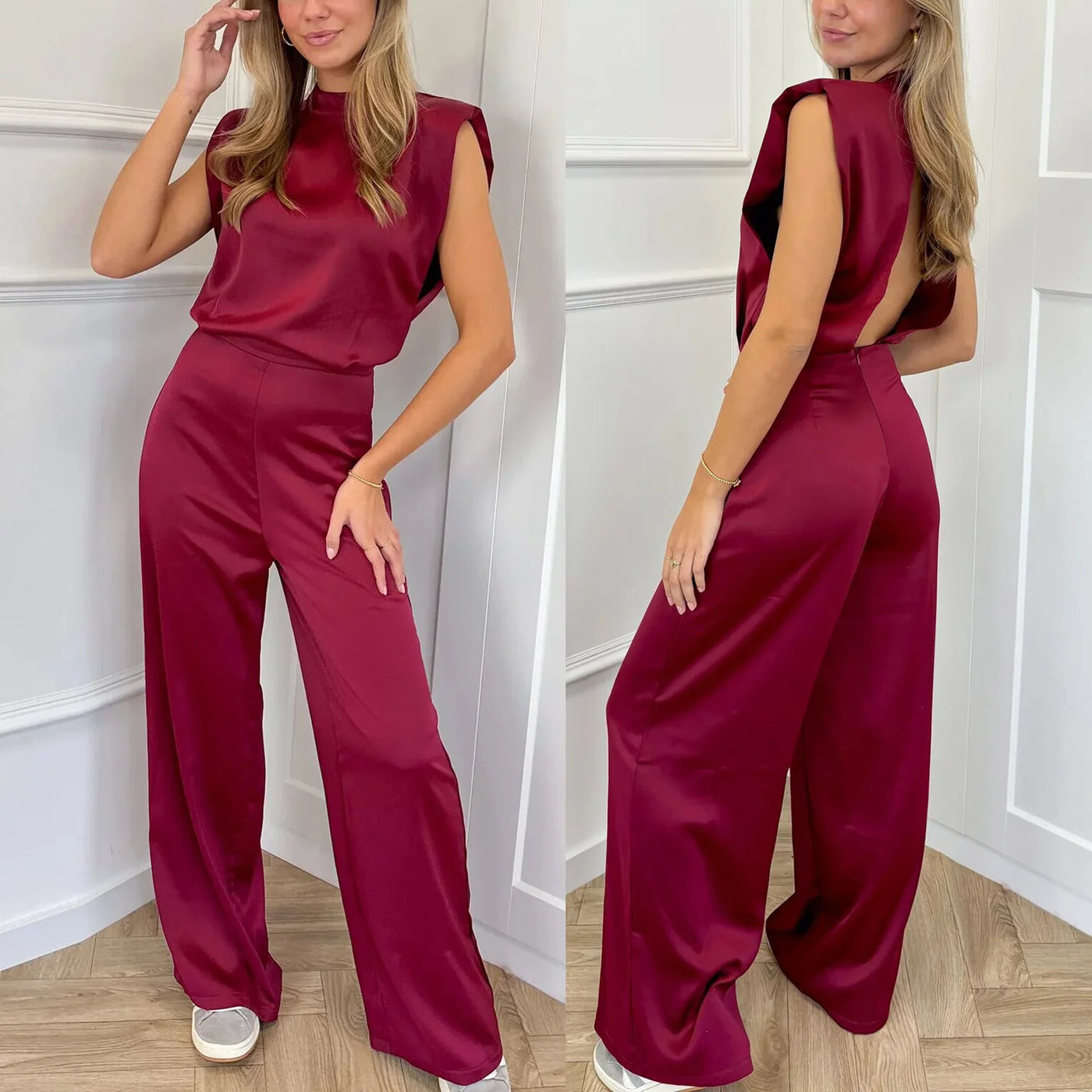 Silk Satin Texture Halter Neck Sleeveless Wide-Leg Jumpsuit - Office & Occasion Wear