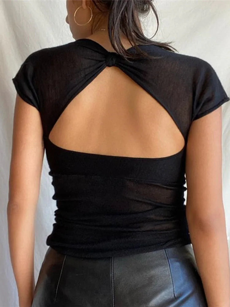 Square Neck Backless Crop Top - Slim Fit Short Sleeve Tee