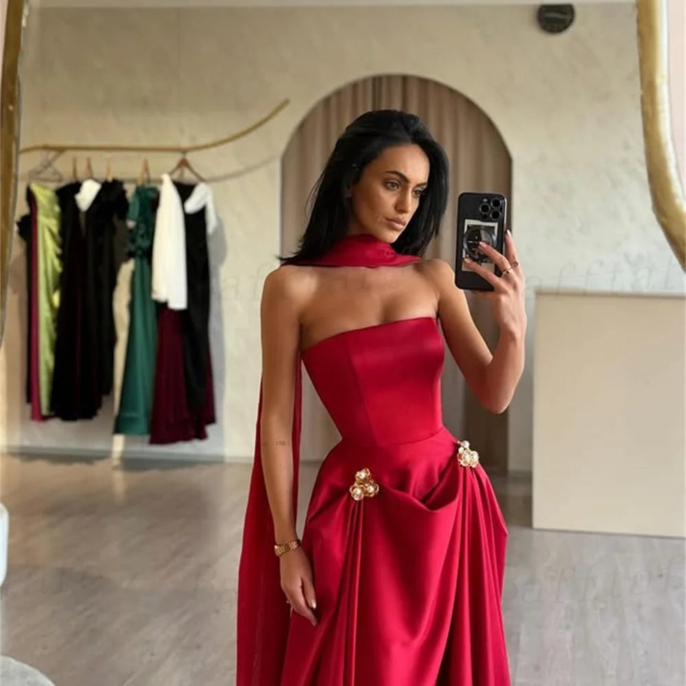 Bella Customized Flower Decoration Pearls robes de soirée Long Silk Scarves Party Dresses Strapless Satin A-line Prom Dress 2025