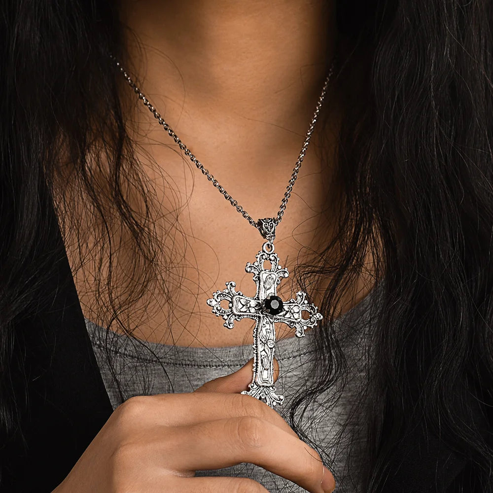 Y2K Crystal Cross Pendant Necklace - Gothic Choker Chain