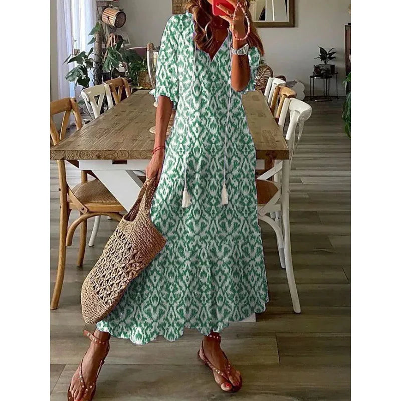 Bohemian Floral Maxi Dress - Relaxed V-Neck Summer Style