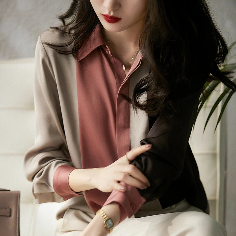 Satin Button Blouse - Long Sleeve Polo Collar Shirt