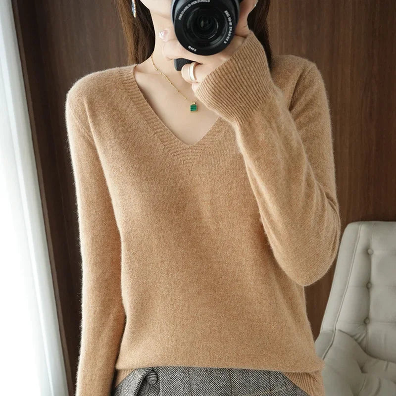 Premium V-Neck Knit Sweater - Soft Solid Color Pullover