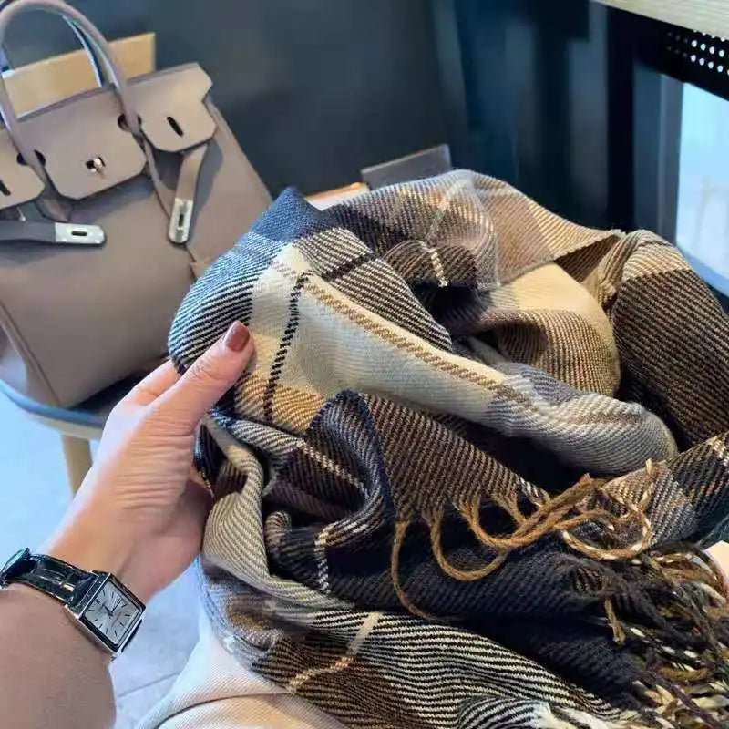 Luxury Plaid Tassel Scarf - Long Cashmere-Feel Shawl