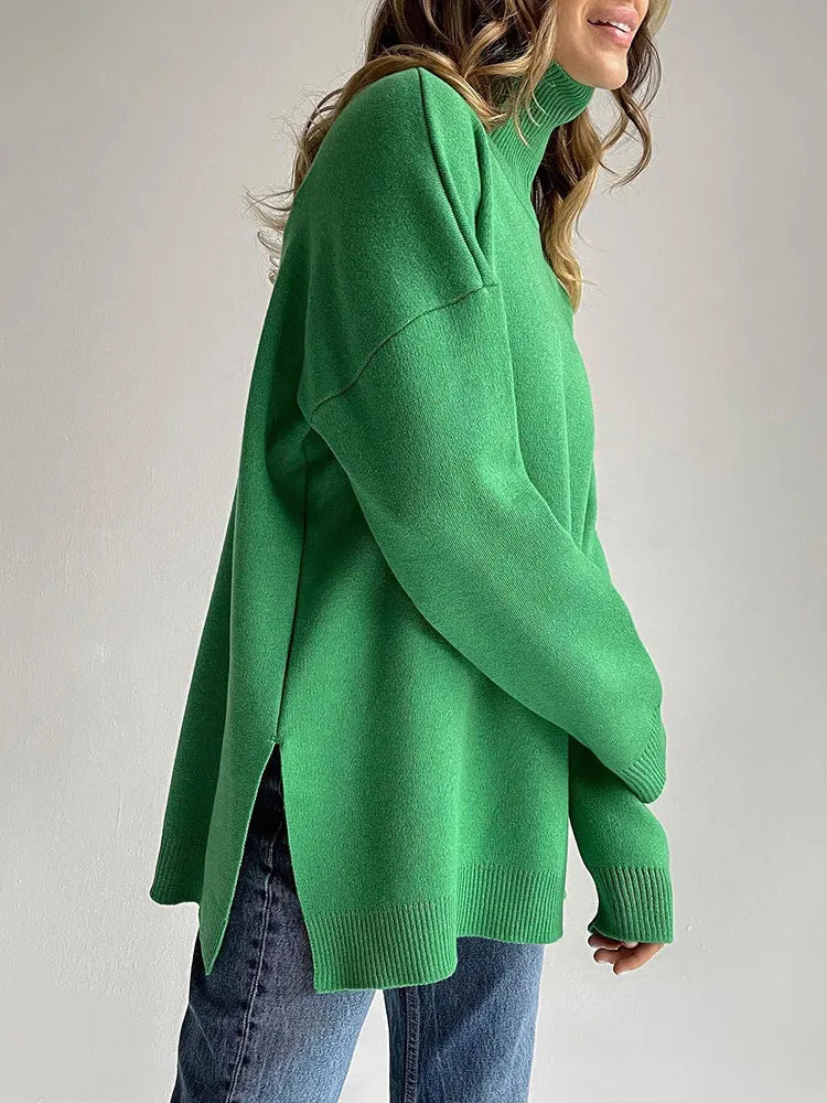Oversized Turtleneck Sweater - Side Split Cozy Jumper