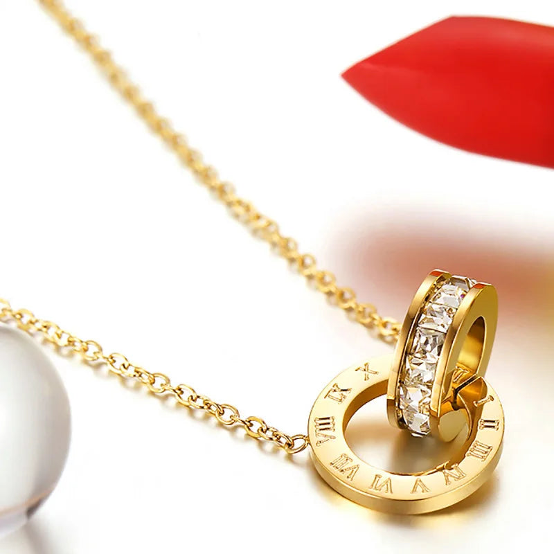 Luxury Roman Crystal Circle Choker Necklace - Stainless Steel Pendant