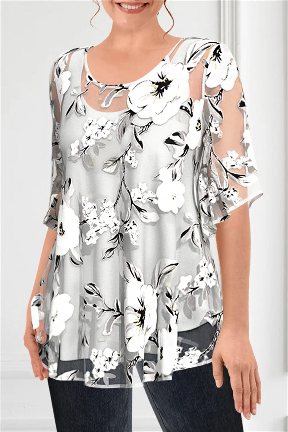 Dressy Plus Size Chiffon Floral Blouse - Layered Look