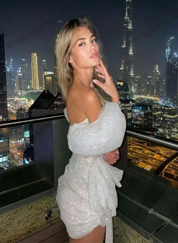 Glitter White Prom Dress Shiny Mini Party Dress Off The Shoulder  Short Evening Dress Flashing Beading Evening Dress Customized