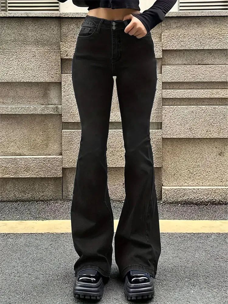 High-Waist Flare-Leg Jeans - Denim Streetwear