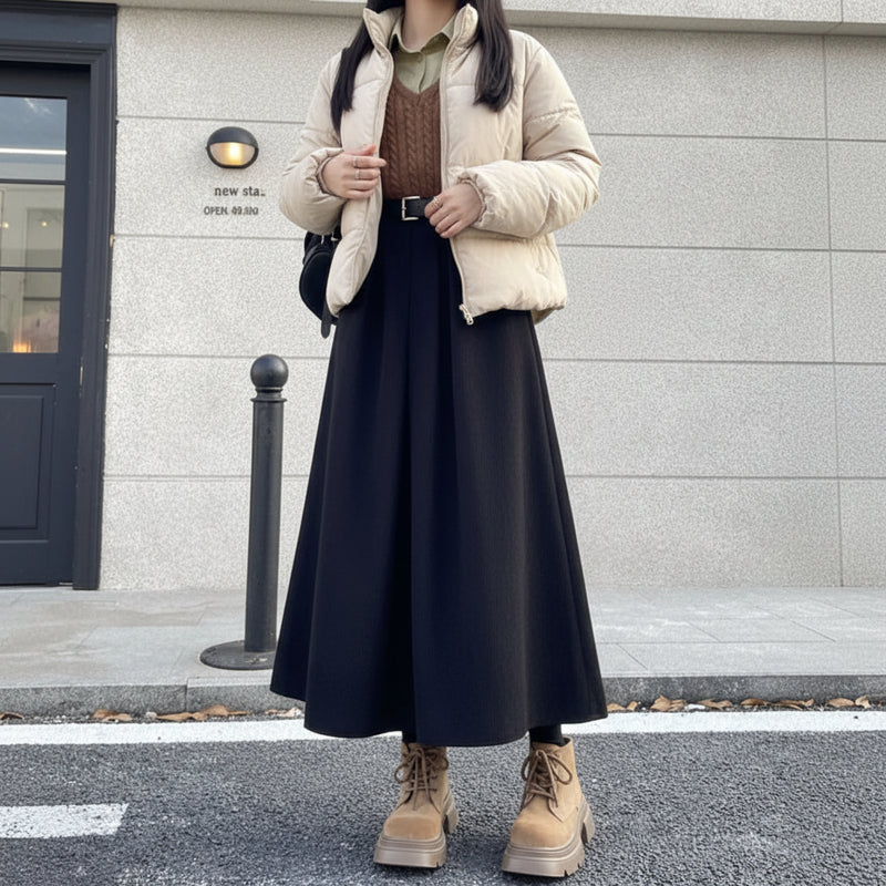 Premium Corduroy Pleated Midi Skirt - High Waist Belted Style