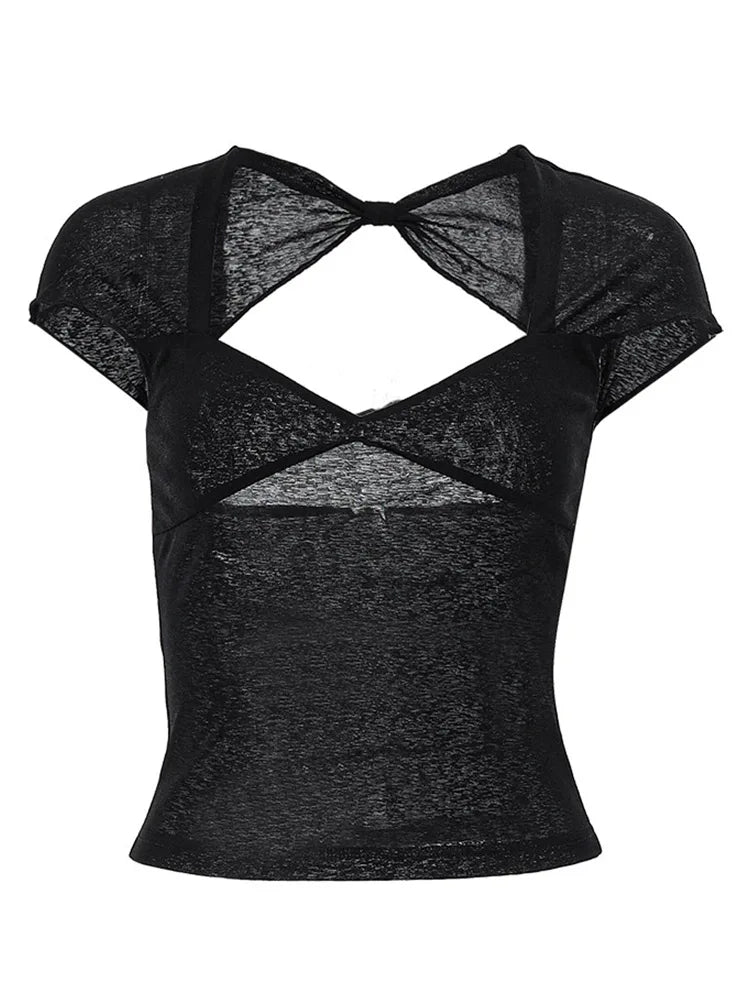 Square Neck Backless Crop Top - Slim Fit Short Sleeve Tee