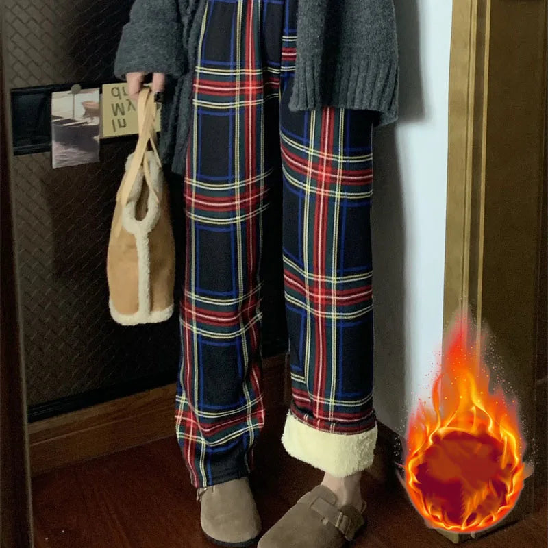 Fleece-Lined Plaid Trousers - High-Waist Straight Leg