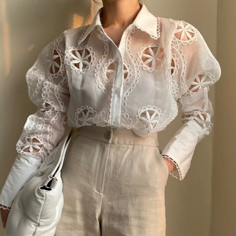 Floral Embroidered White Blouse - Long Sleeve Vintage Shirt