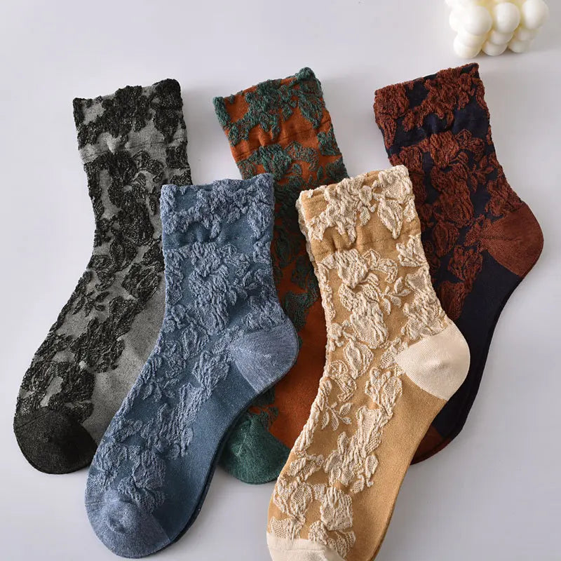 Retro Embroidered Flower Socks - 5 Pair Cozy Gift Set