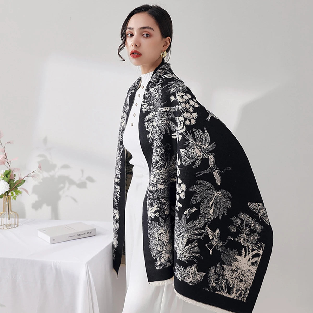 Luxury Floral Cashmere-Feel Winter Scarf - Fringed Shawl Wrap