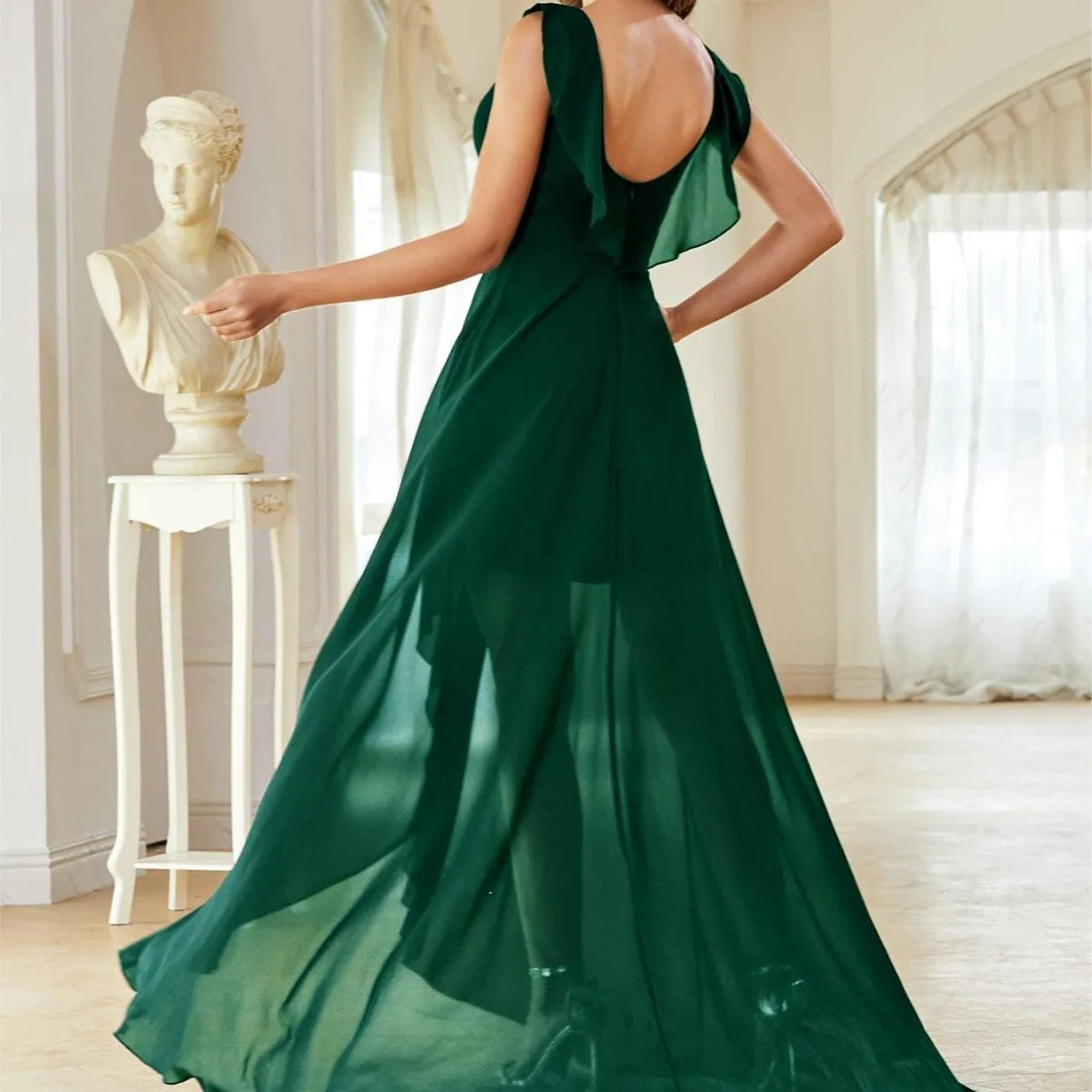 Sexy V-neck Backless High Low Ruched Chiffon Long Cocktail Party Dress