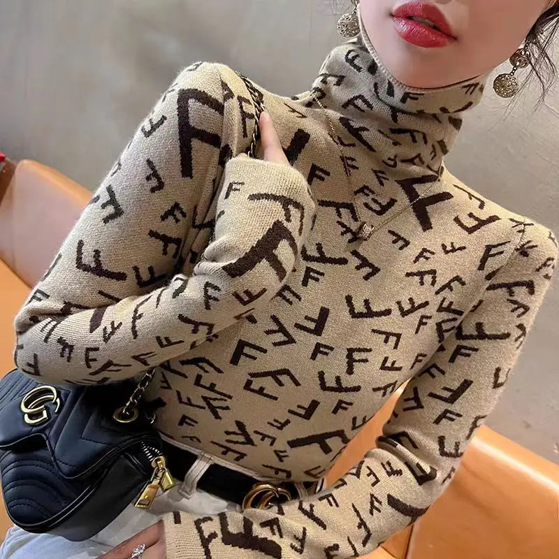 Half-High Collar Letter Knit Sweater - Slim Fit Pullover