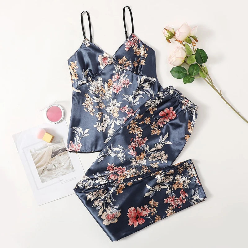 Satin Lace Cami Pajama Set - Elegant Two-Piece Sleepwear