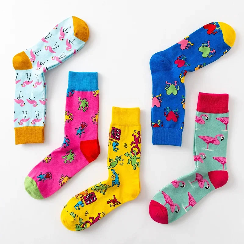 Cartoon Flamingo Cotton Socks - Casual Harajuku Crew Pair