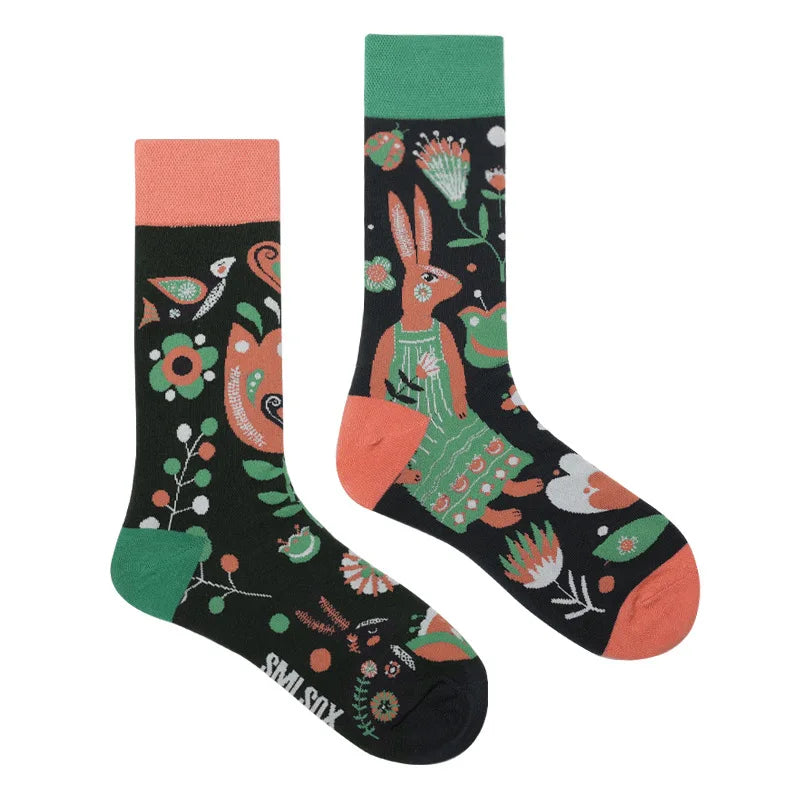 Colorful Print Cotton Socks - Unisex Mid-Tube Casual Pair