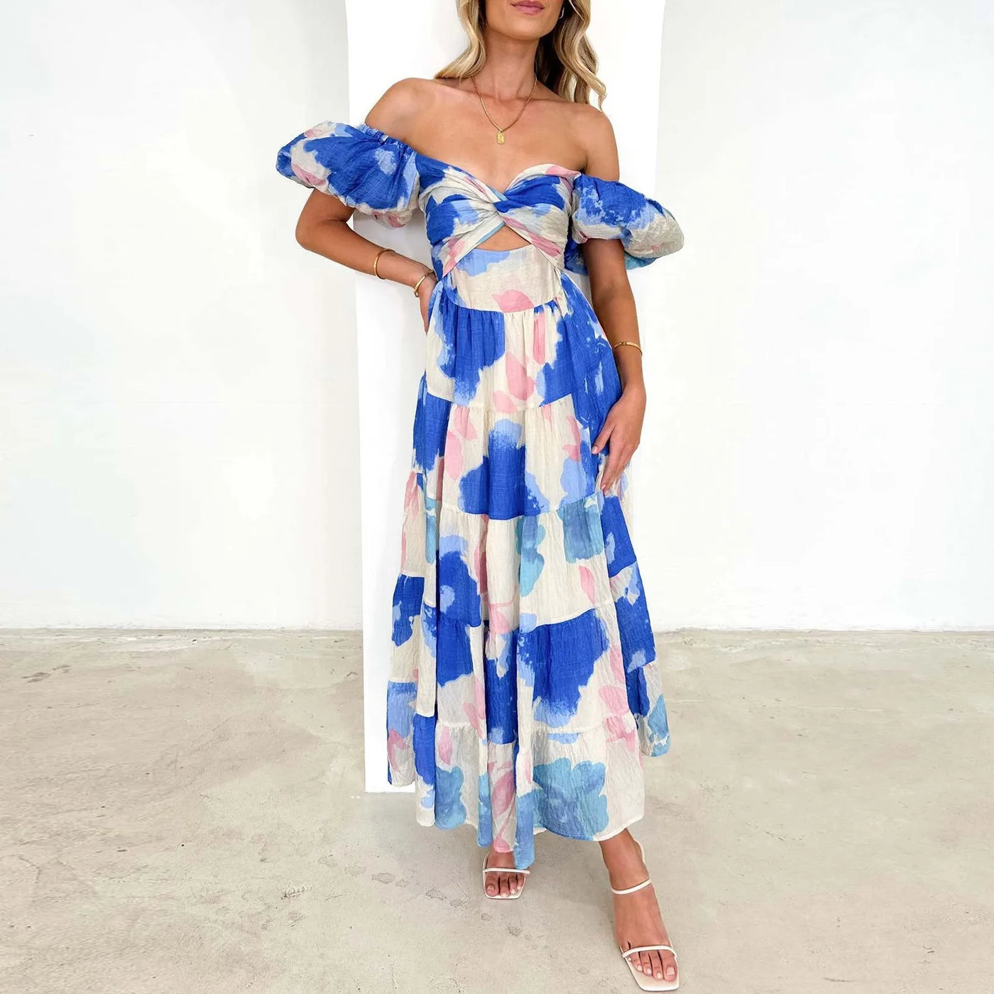 Summer V Neck Cutout Floral Print Dresses Elegant Women Puff Short Sleeve Casual Dress Pleated Waisted Swing Beach Long Dress