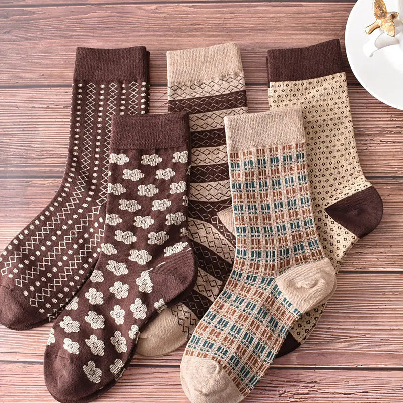 Retro Embroidered Flower Socks - 5 Pair Cozy Gift Set