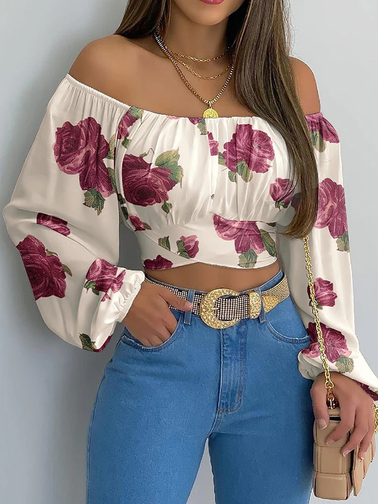 Off-Shoulder Lantern Sleeve Blouse - Lace-Up Cropped Top