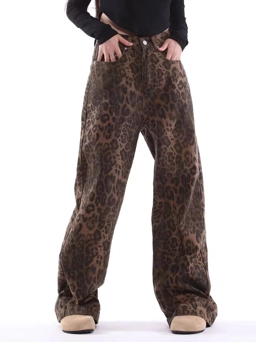 High-Waist Leopard Print Wide-Leg Jeans - Everyday Denim