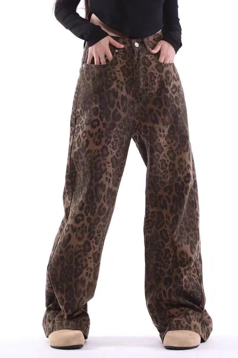 High-Waist Leopard Print Wide-Leg Jeans - Everyday Denim